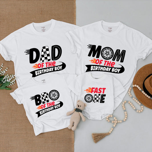 Fast One Birthday Race Car Matching Family Shirts Pit Crew Outfits for Mom Dad Bro Baby Boy First Checkered Flag Flames Design