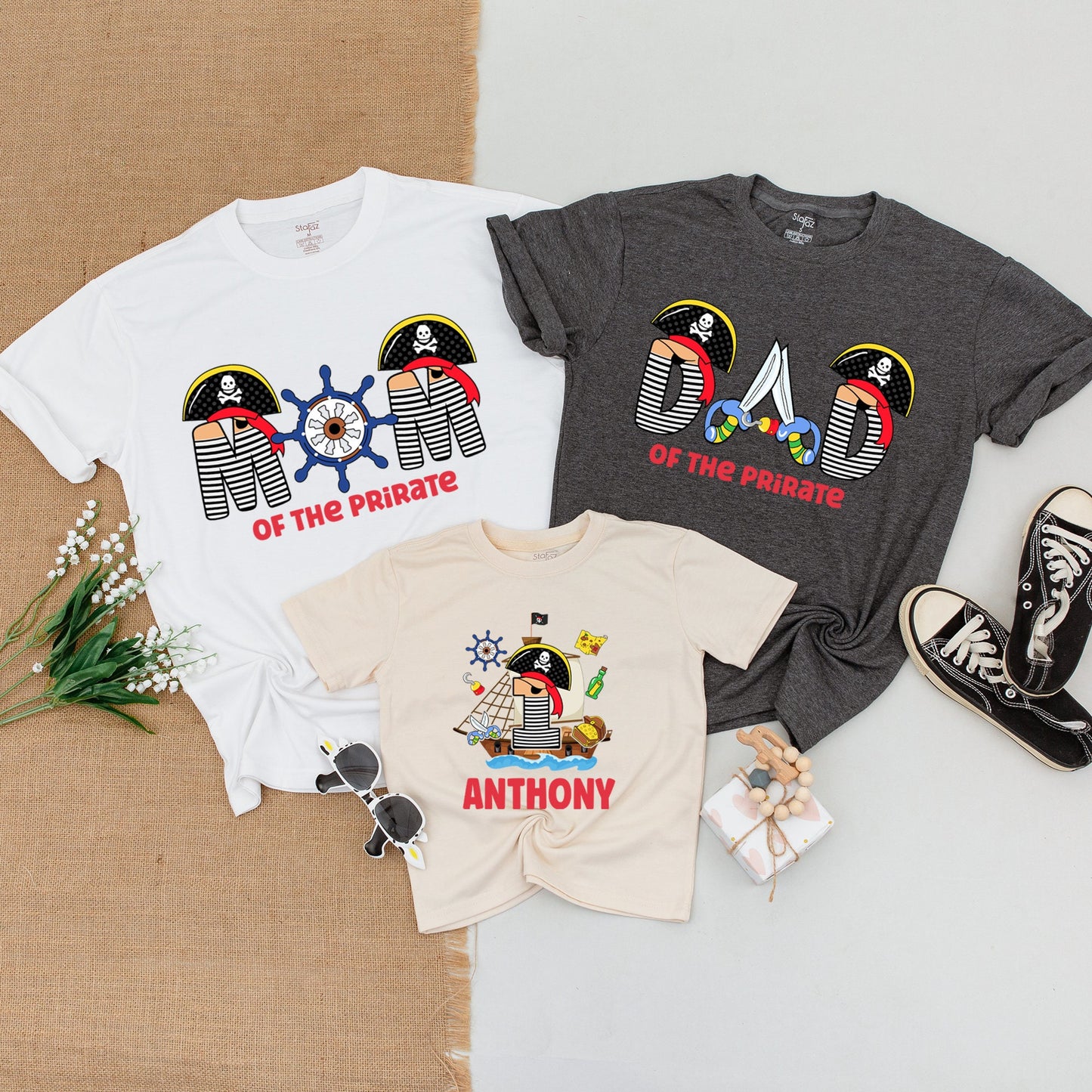 Personalized Pirate First Birthday Family Matching Shirts for Mom Dad Son Baby Boy Romper with Skull & Crossbones Design