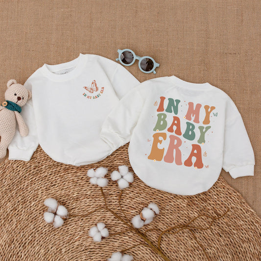 In My Baby Era" Retro Wavy Baby Girl Romper Bodysuit with Butterflies and Daisies Newborn Bubble Outfit Soft Vintage Style Baby Shower Gift
