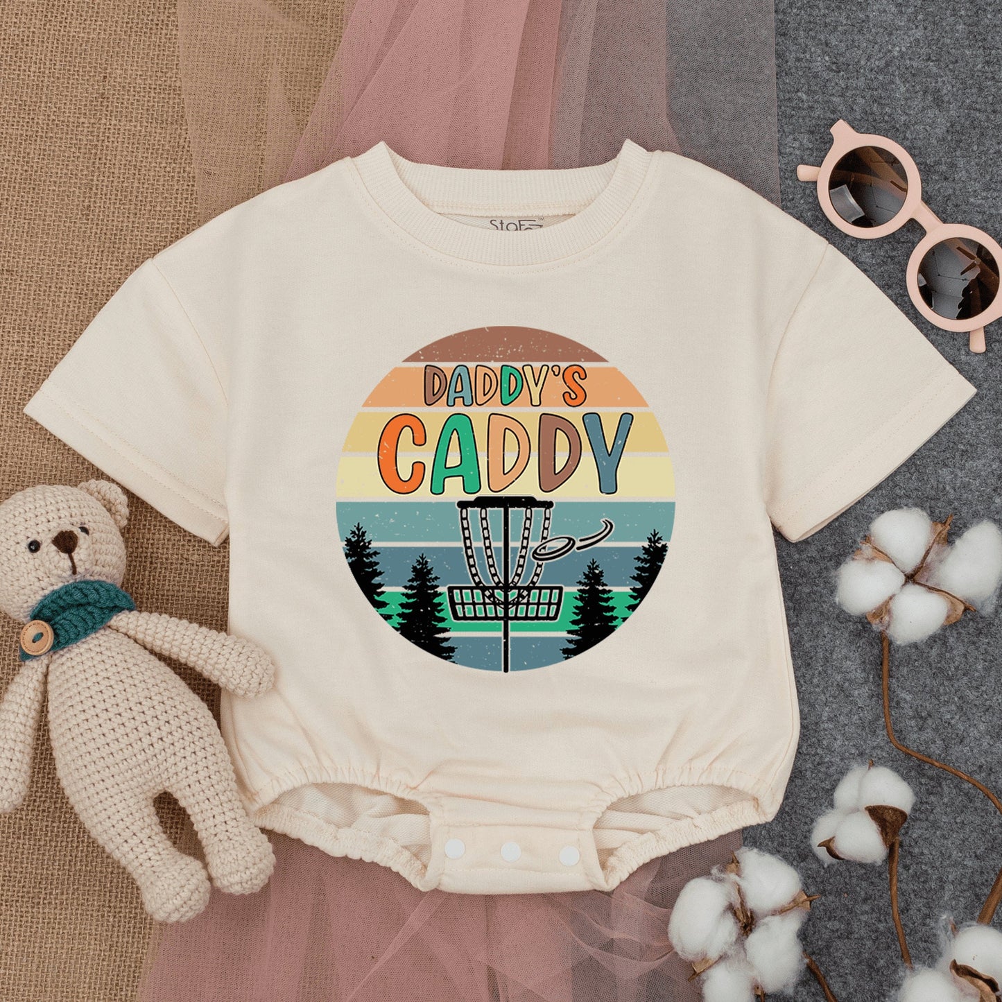 Retro Daddy's Caddy Disc Golf Baby Boy Bodysuit Vintage Sunset Striped Design Newborn Gameday Outfit Evergreen Trees Summer Baby Shower Gift