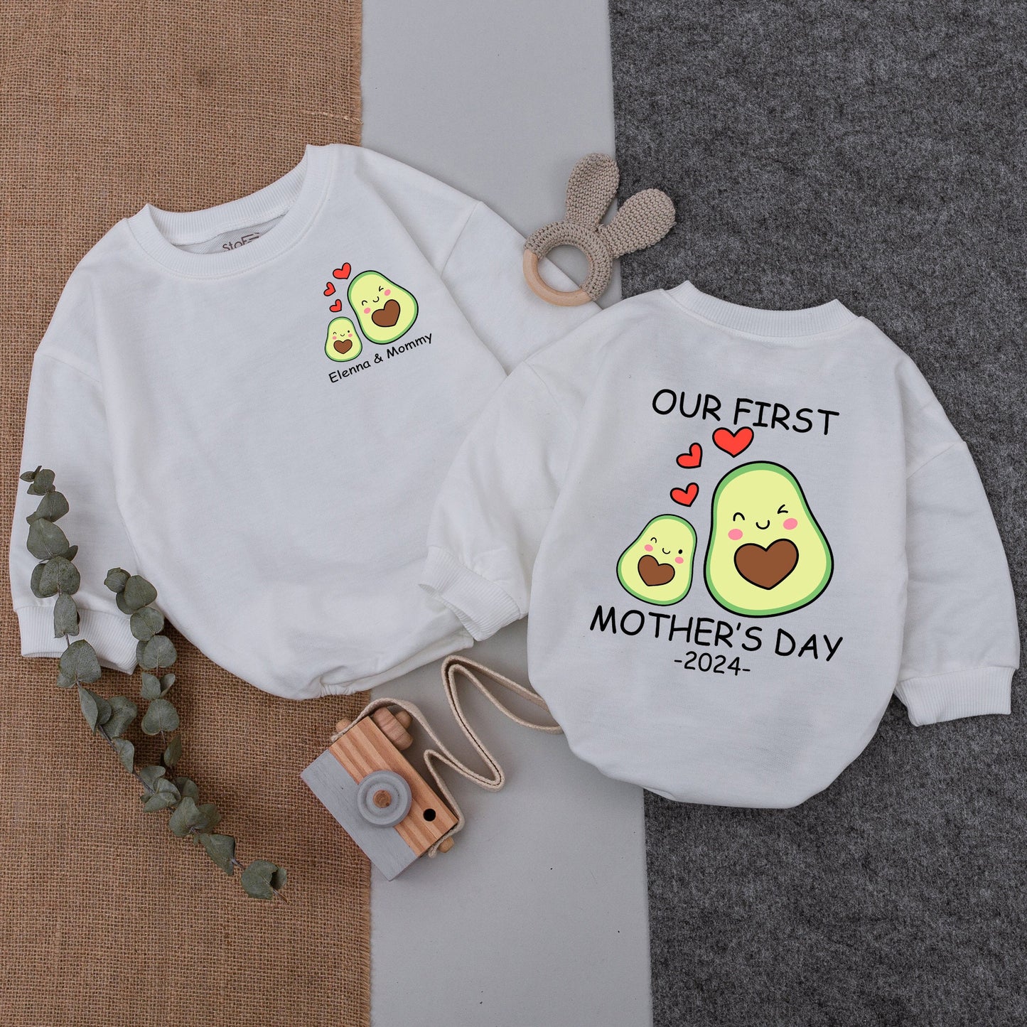 Personalized First Mother's Day 2024 Baby Romper featuring Cute Mother Baby Avocado Cartoon Design Soft Infant Bodysuit Gift