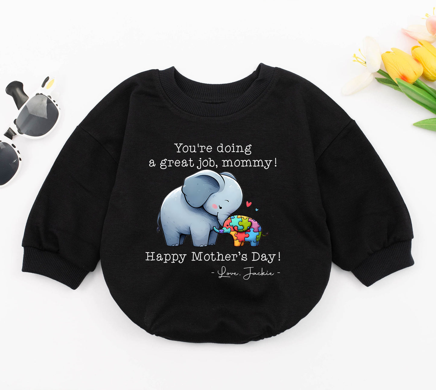 Personalized Mother's Day Elephant Bubble Romper Baby Bodysuit Gift "You're Doing A Great Job Mommy" Colorful Puzzle Design Autism Awareness Cute Infant Outfit