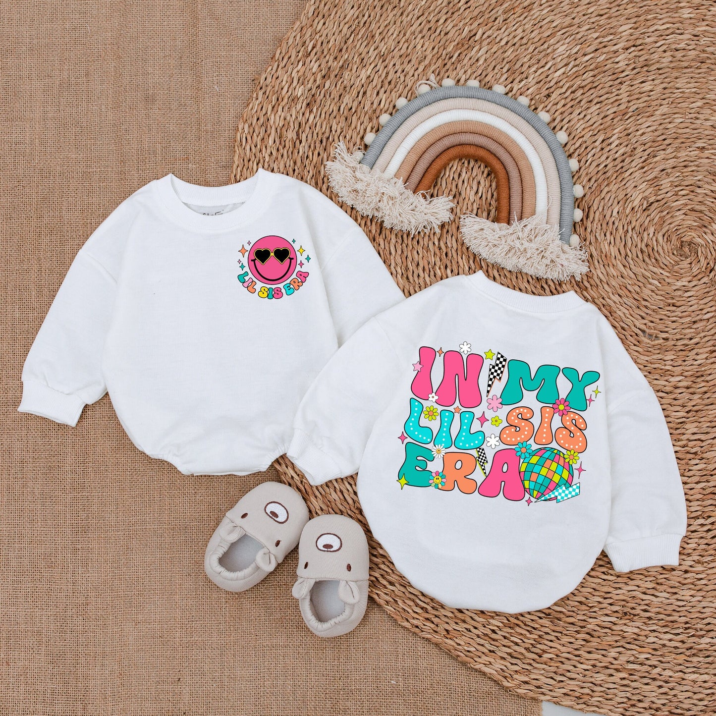 In My Lil Sis Era Baby Bubble Romper Retro Pink Smiley Face Girl Outfit Vibrant Flowers Stars Disco Ball Whimsical Sister Infant Clothes