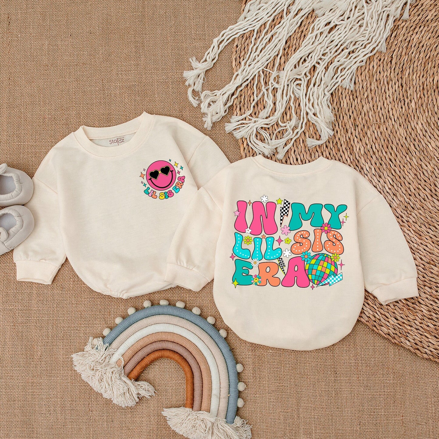 In My Lil Sis Era Baby Bubble Romper Retro Pink Smiley Face Girl Outfit Vibrant Flowers Stars Disco Ball Whimsical Sister Infant Clothes