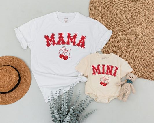 Playful Cherry Mama and Mini Matching Shirts for Mom and Daughter Outfit Mother's Day New Mom Gift Baby Romper Cheerful Design