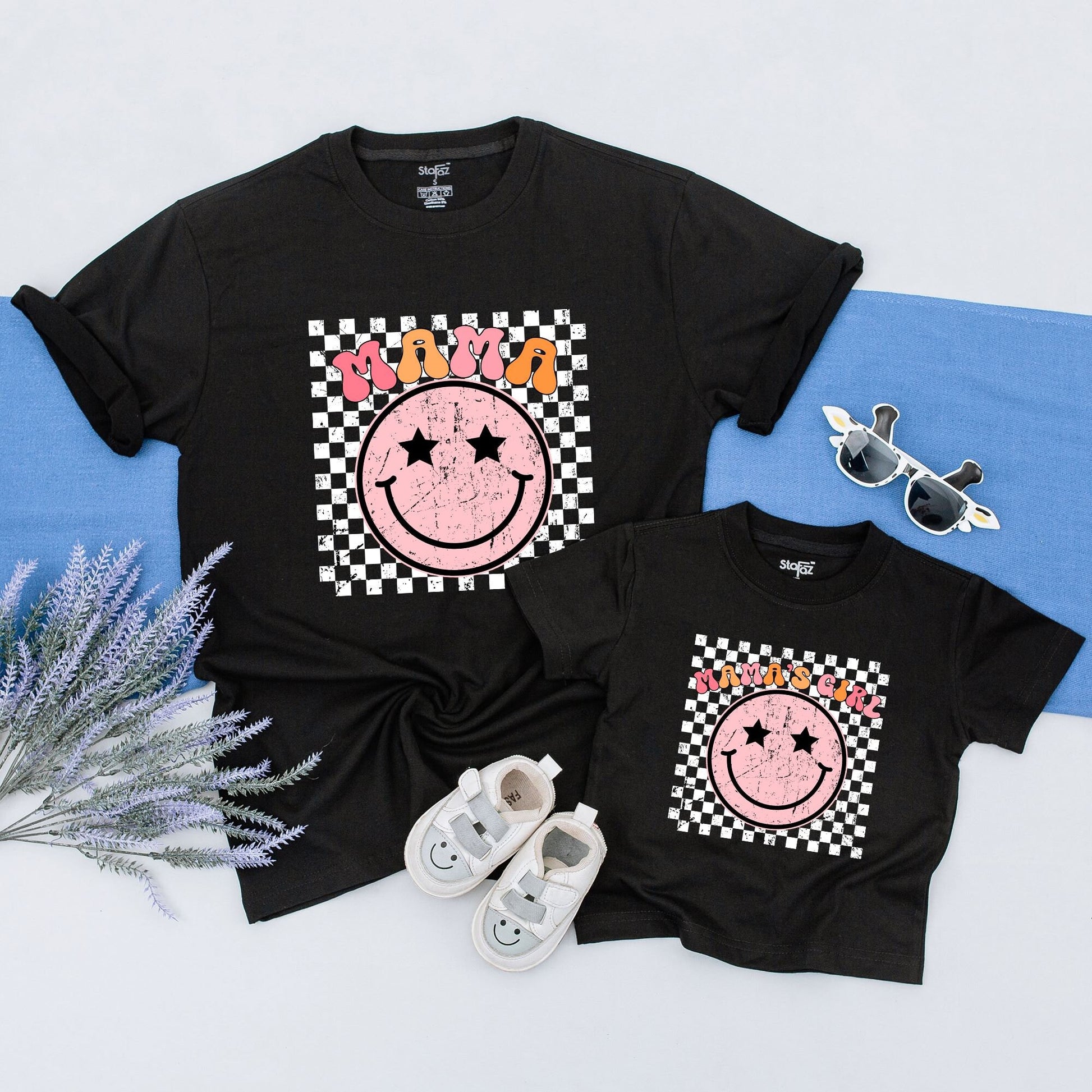 Mommy & Me Matching Retro Black White Checkerboard Pink Star Eye Smiley Mama and Mama's Girl Tee Set New Mom Mother's Day Gift