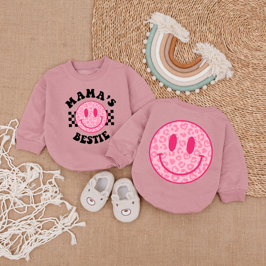 Baby Girl Romper Mama's Bestie Pink Smiley Face Leopard Heart Checkered Modern Infant Bodysuit Comfortable Gift Mother's Day