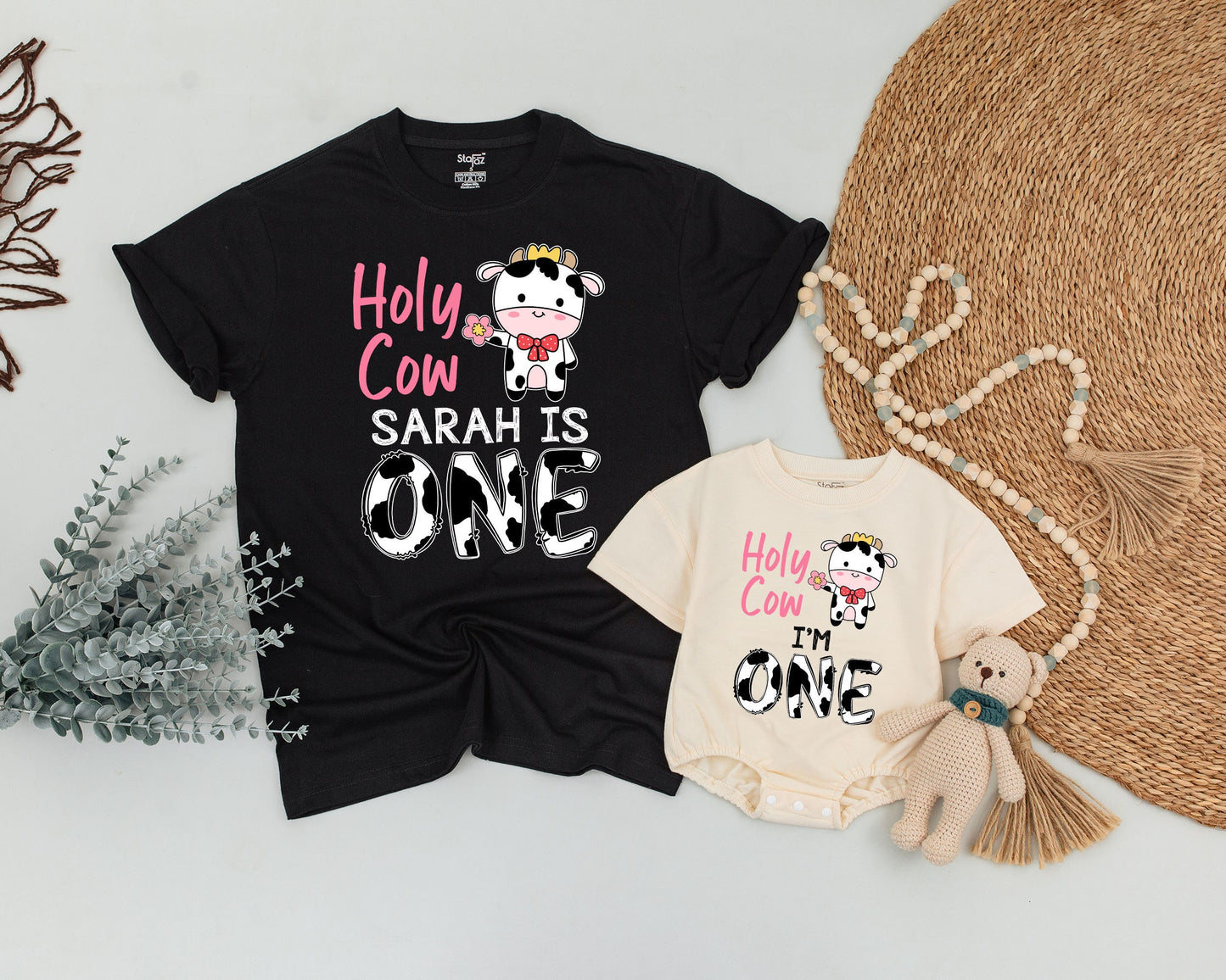 Personalized Holy Cow I'm One First Birthday Mommy and Me Family Shirts Cute Farm Cow Print Birthday Girl Outfit Whimsical Crown Flower