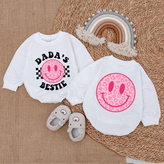 Dada's Bestie Romper Baby Girl Outfit with Pink Leopard Smiley Face Hearts Daddy & Me Bodysuit Checkered Design Cute Gift