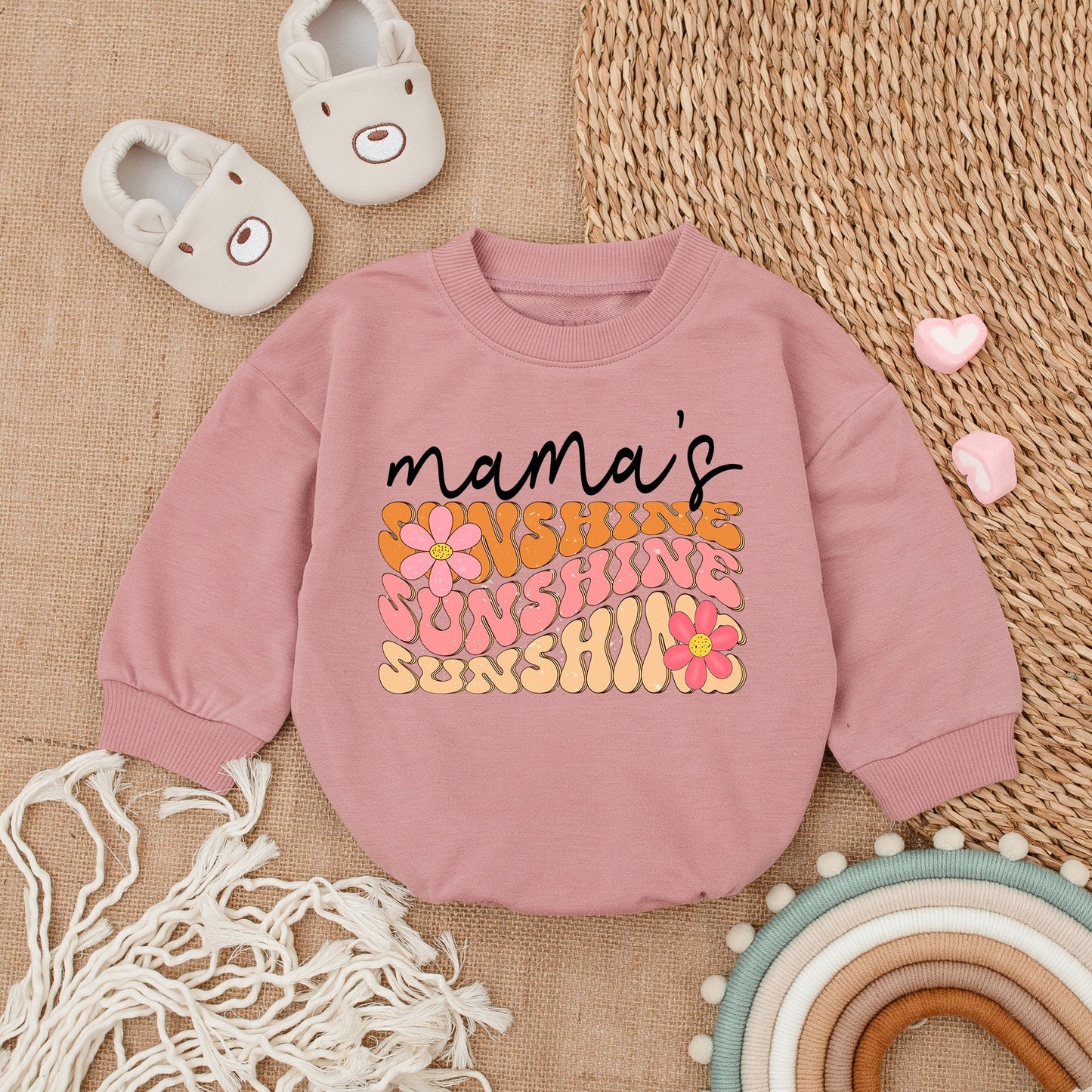 Mama's Sunshine Retro Baby Girl Romper with Pink Flowers Vintage Style Cotton Outfit Playful Bestie Newborn Infant Bodysuit Baby Shower Gift