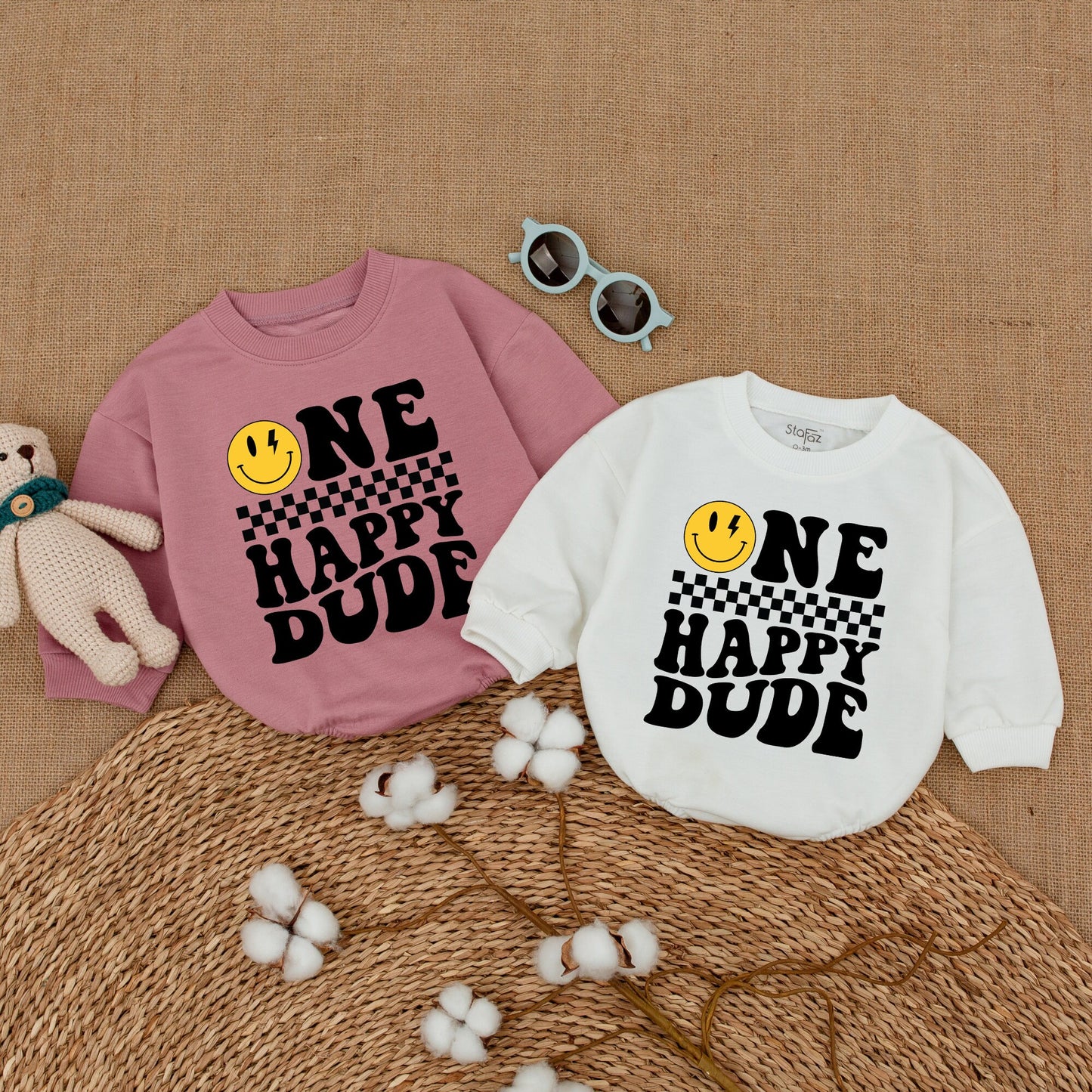 Personalized One Happy Dude Romper Retro 70s Smiley Face First Birthday Outfit Matching Family Cake Smash Newborn Boy Lightning Bolt Gift