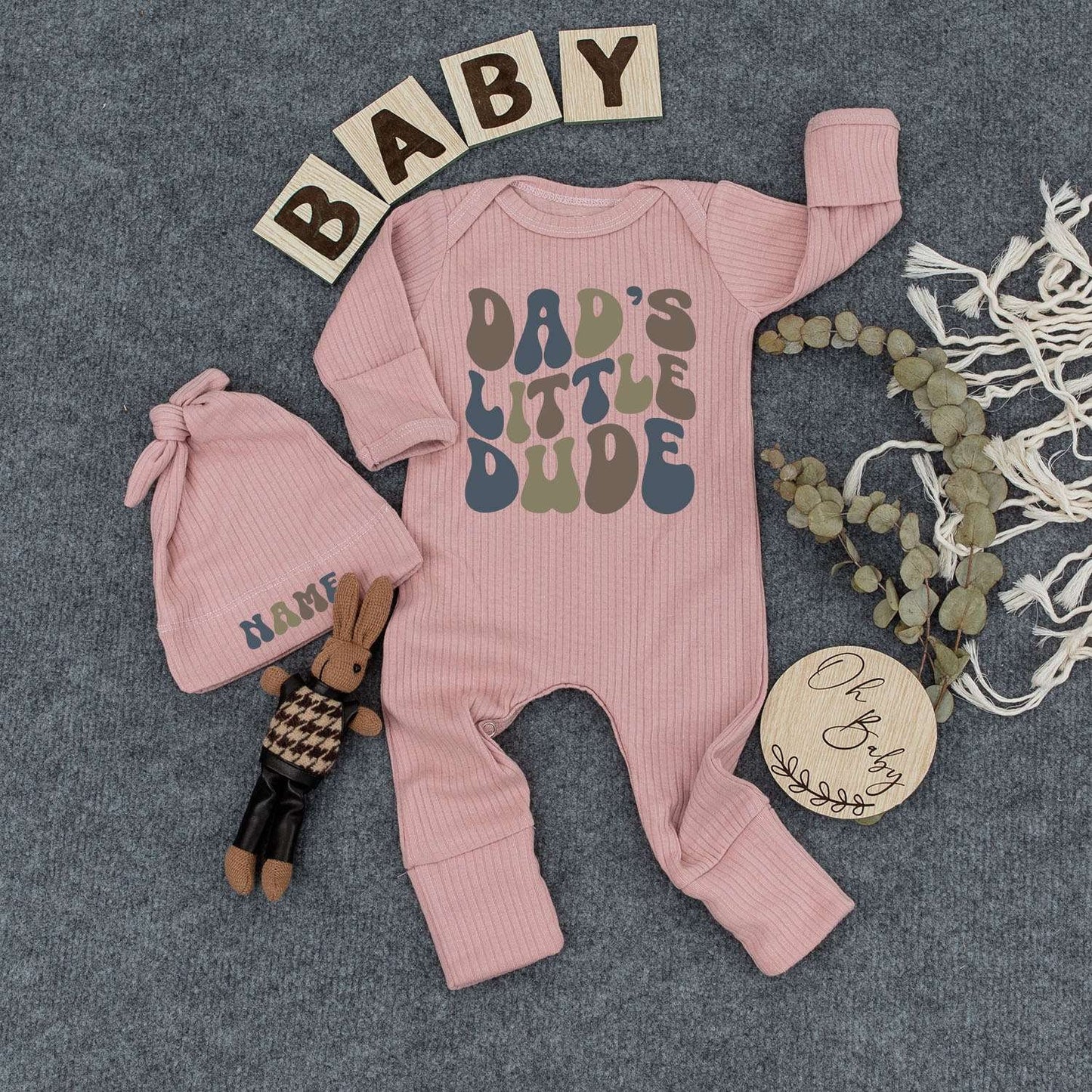 Dad's Little Dude Baby Bodysuit and Hat Set Retro Groovy Font Vintage Style New Baby Shower Gift Going Home Outfit Father's Day Keepsake
