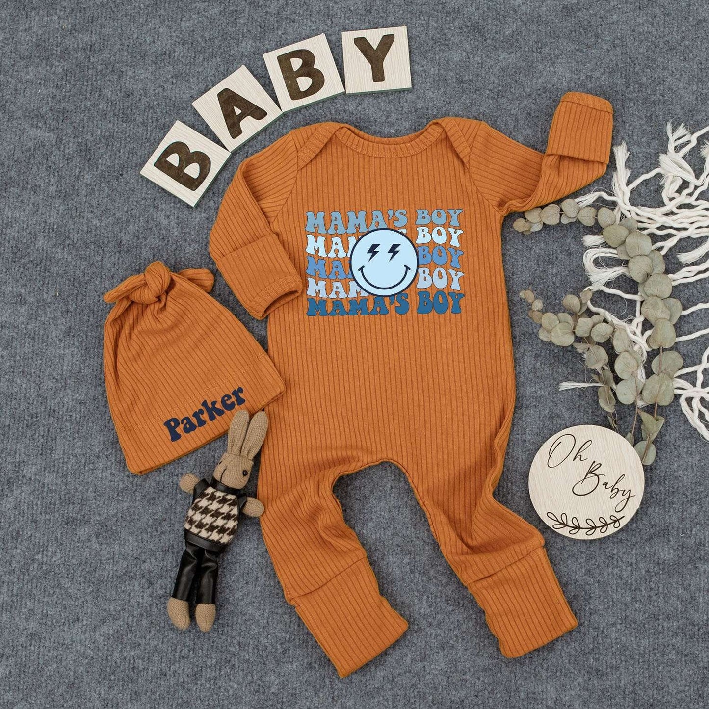 Personalized Mama's Boy Retro Bodysuit Hat Set Wavy Blue Smiley Face Lightning Bolt Infant Newborn Boy Outfit Comfortable New Mom Gift