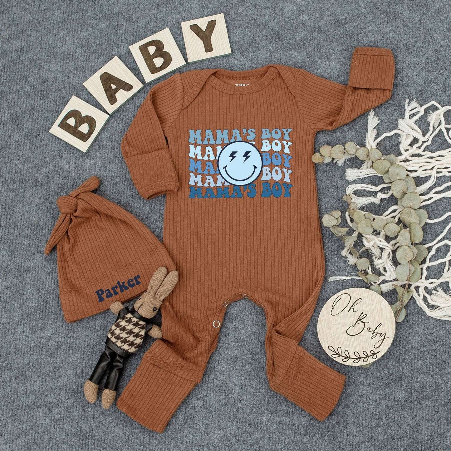 Personalized Mama's Boy Retro Bodysuit Hat Set Wavy Blue Smiley Face Lightning Bolt Infant Newborn Boy Outfit Comfortable New Mom Gift