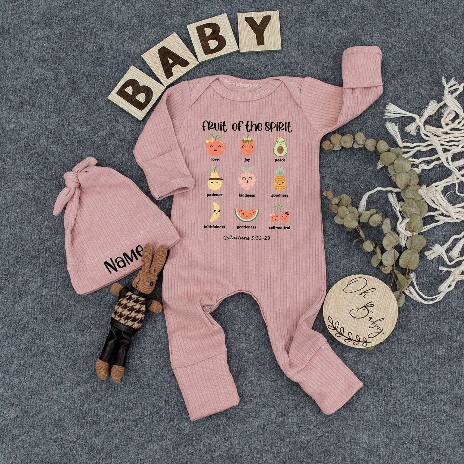 Personalized Fruit of the Spirit Bodysuit Hat Set Cute Cheerful Fruit Baby Romper Newborn Outfit Galatians 5:22-23 New Mom Shower Gift
