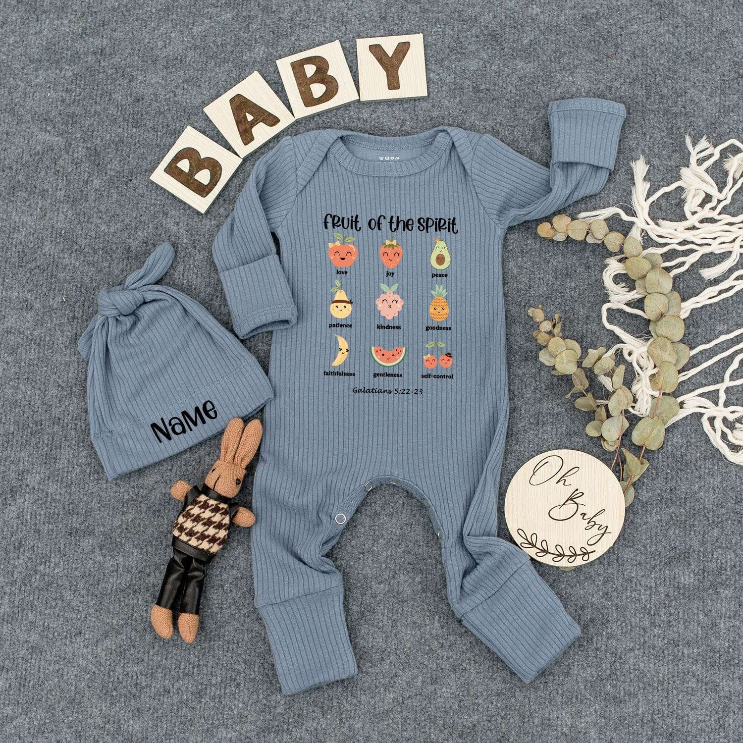 Personalized Fruit of the Spirit Bodysuit Hat Set Cute Cheerful Fruit Baby Romper Newborn Outfit Galatians 5:22-23 New Mom Shower Gift