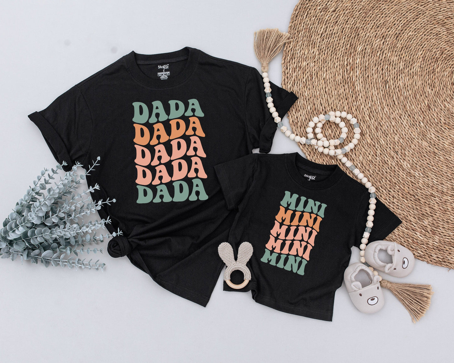 Retro Family Matching T-Shirts Vintage Mama Dada Mini Design Muted Green Pink Orange Soft Cotton New Mom Gift Baby Announcement