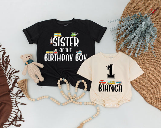 Personalized Matching Family Transportation Birthday Shirts Custom Name Colorful Cartoon Vehicles Playful Boy's 1st Birthday Party Outfit for Mom Dad Sister