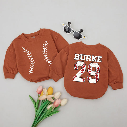 Custom Baseball Jersey Bodysuit for Baby with Personalized Name and Number Sporty Red Stitching Design Infant Boy Girl Shower Gift