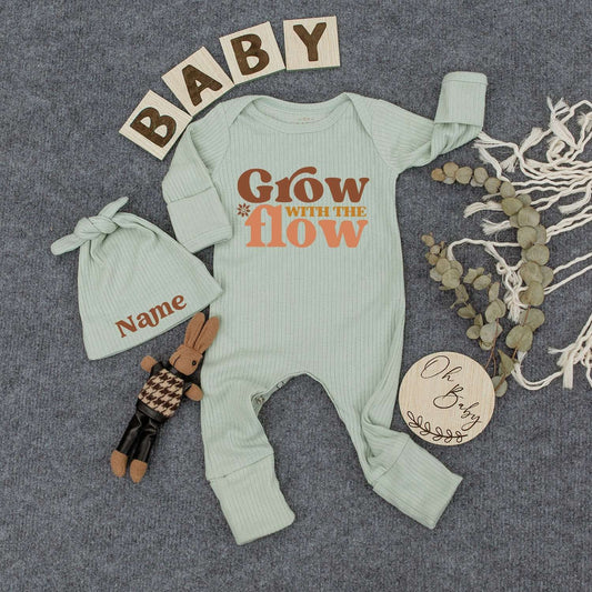 Custom Grow with the Flow Baby Bodysuit Hat Set Cute Retro Newborn Gift Soft Brown Peach Flower Infant Coming Home Outfit for Baby Girl Boy