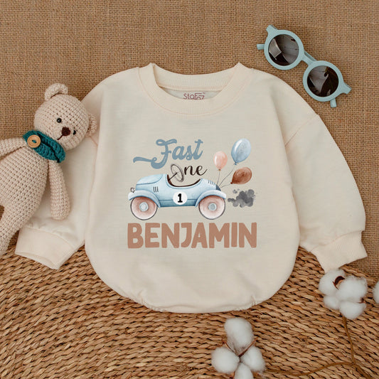 Personalized Fast One First Birthday Romper for Baby Boy Vintage Race Car Cake Smash Bodysuit Outfit Muted Colors with Custom Name BENJAMIN