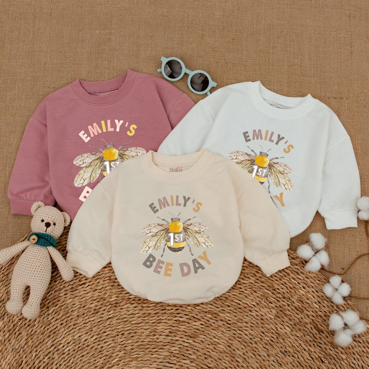 Personalized First Bee Day Birthday Romper for Baby Girl, Emily's Bee Day Outfit, Watercolor Honeybee Gold Smash Cake Bodysuit