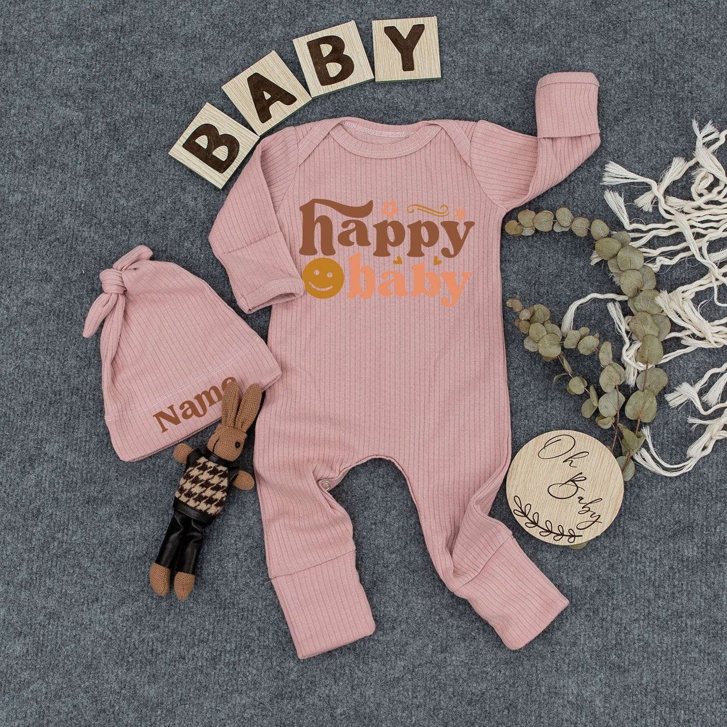 Personalized Retro Happy Baby Bodysuit and Hat Set with Smiling Face Icon Brown Peach Design Starbursts Custom Name Newborn Gift