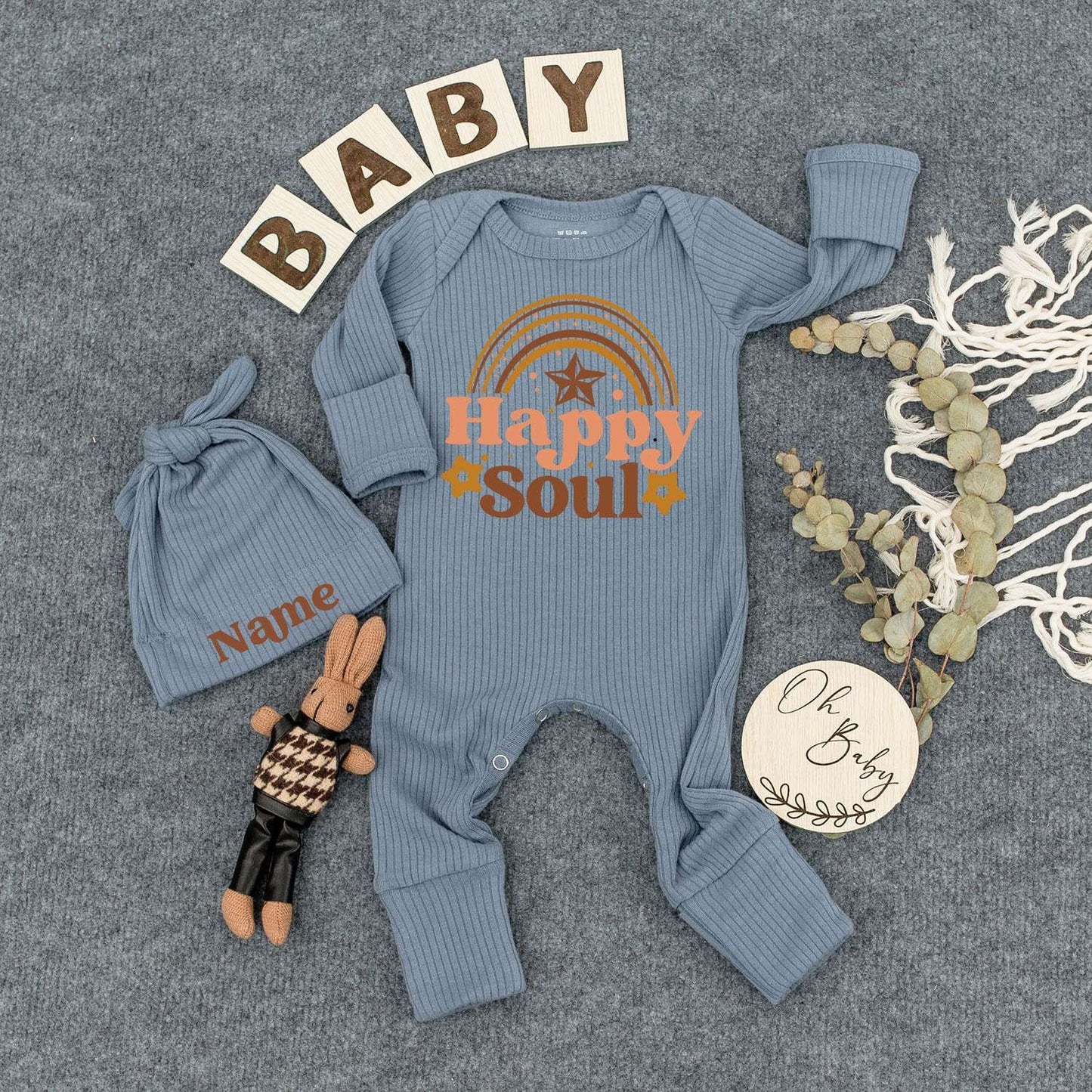 Personalized Happy Soul Baby Bodysuit & Hat Set with Name, Cute Tan Brown Rainbow Print Newborn Gift Outfit for Girls Boys, Soft Cotton Romper