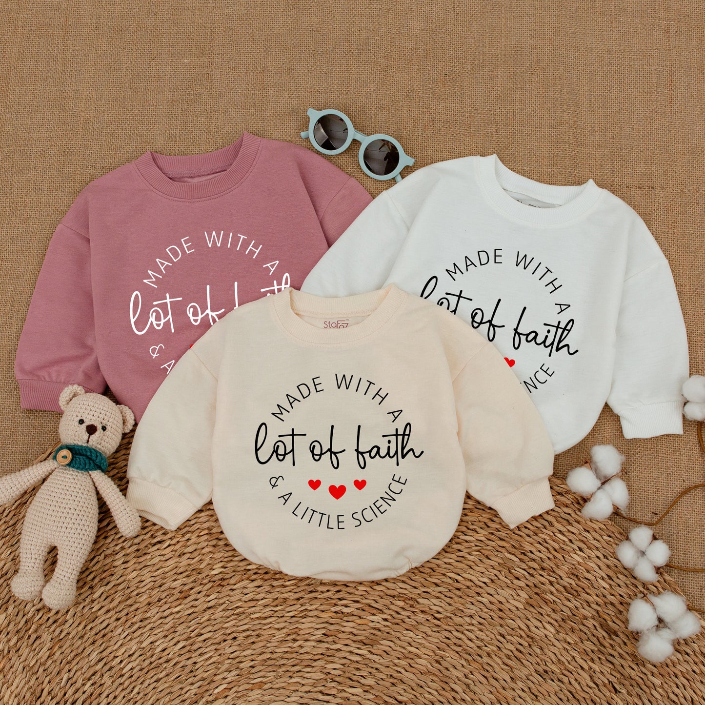 Made With A Lot Of Faith & A Little Science IVF Baby Romper Bodysuit Newborn Clothes Pregnancy Announcement Gift Modern Design Red Hearts