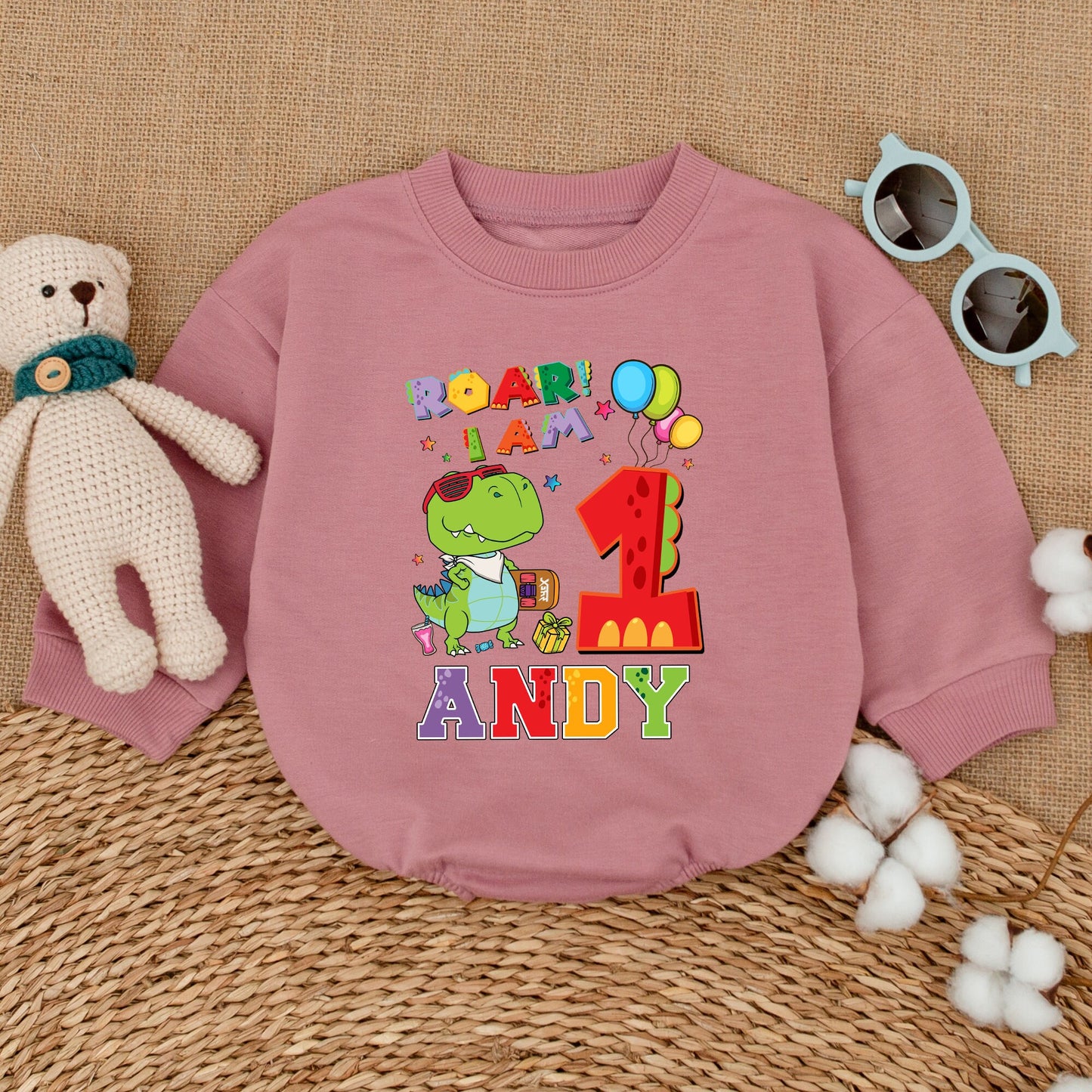 Personalized Roar I Am One First Birthday Dinosaur Romper with Cool Cartoon Dino Design Vibrant Baby Boy Girl Infant Cake Smash Outfit Comfortable