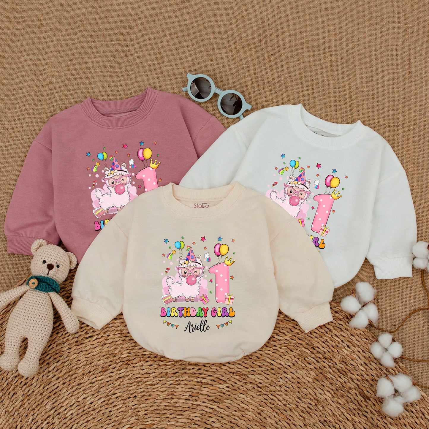 Personalized Pink Llama Birthday Girl First Birthday Romper with Crowned Number One & Name Arielle Cute Bubble Bodysuit Cake Smash Outfit