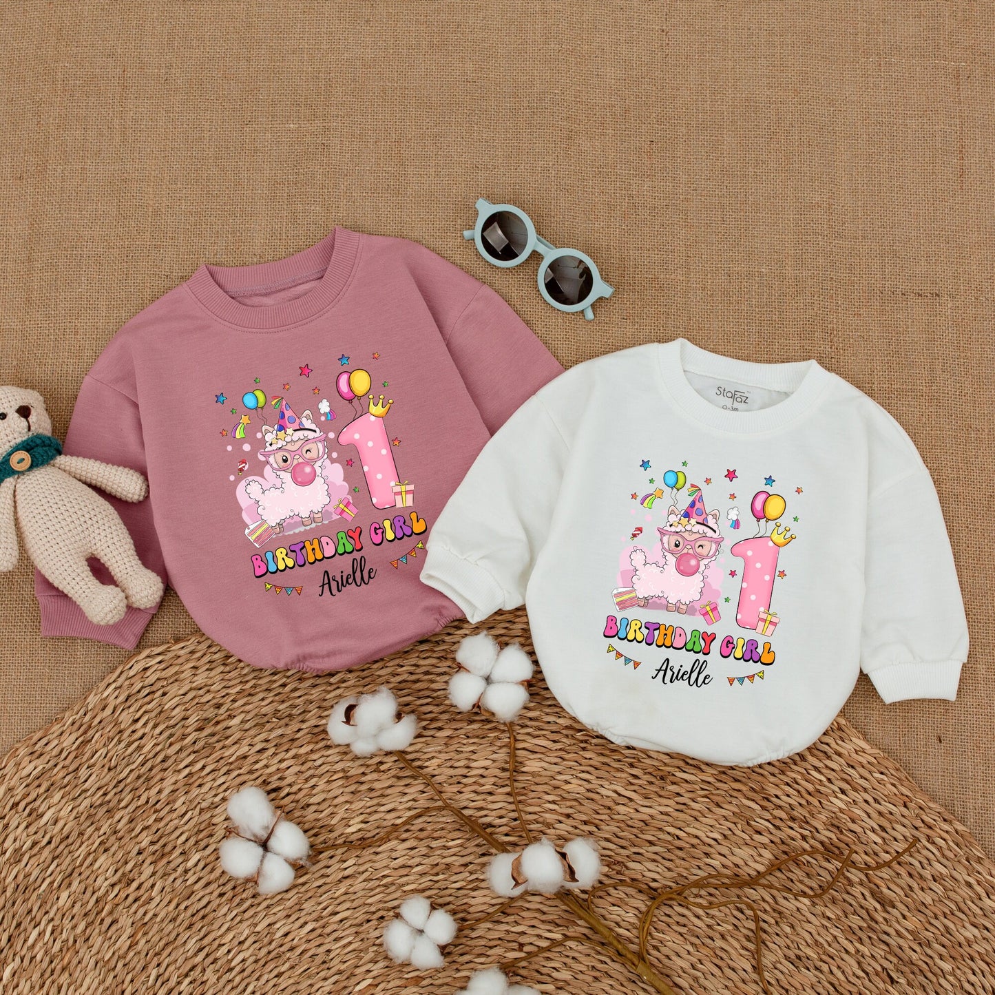 Personalized Pink Llama Birthday Girl First Birthday Romper with Crowned Number One & Name Arielle Cute Bubble Bodysuit Cake Smash Outfit