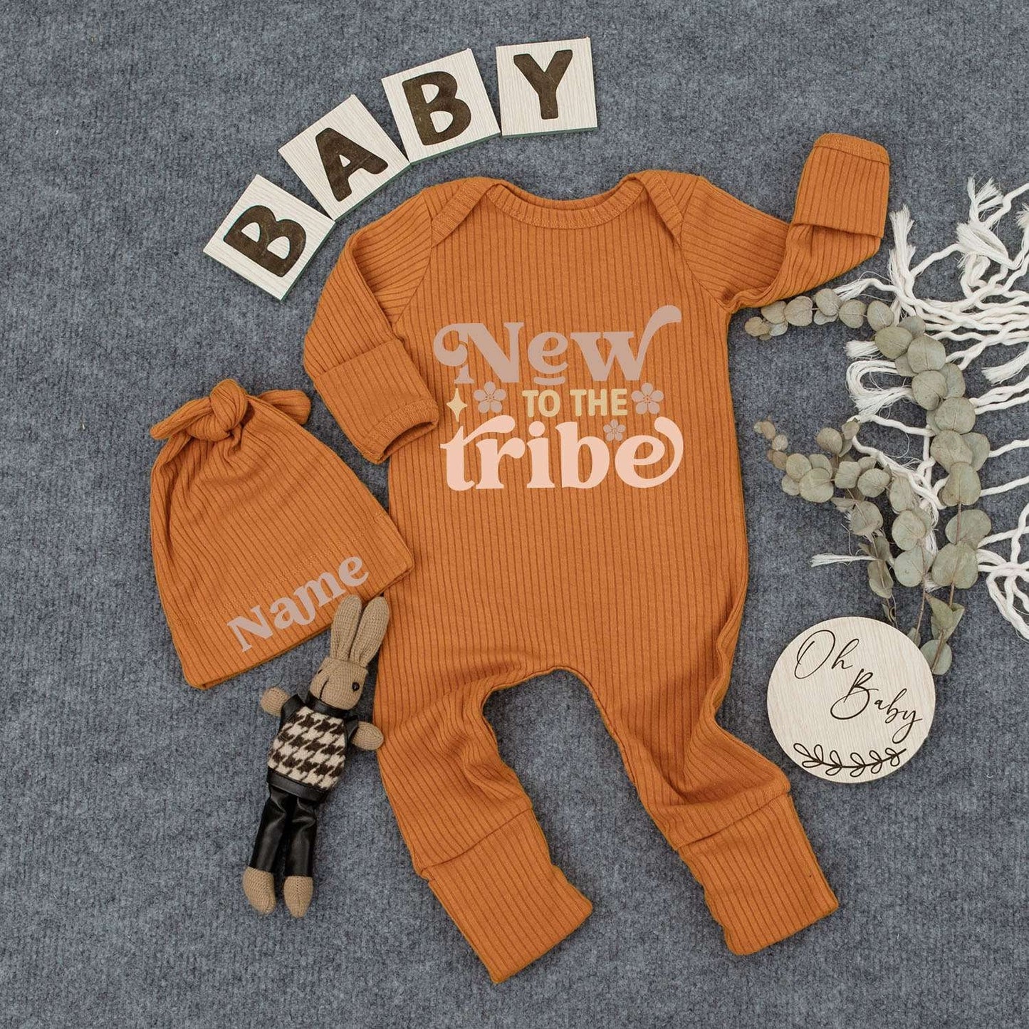 Personalized Newborn 'New to the Tribe' Bodysuit Hat Set Custom Name Baby Gift Cute Floral Retro Whimsical Outfit Brown Peach Two-Toned Infant Sleepsuit