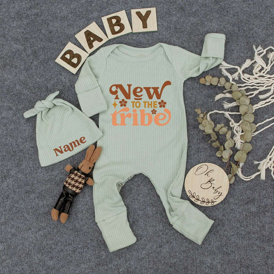 Personalized Newborn 'New to the Tribe' Bodysuit Hat Set Custom Name Baby Gift Cute Floral Retro Whimsical Outfit Brown Peach Two-Toned Infant Sleepsuit