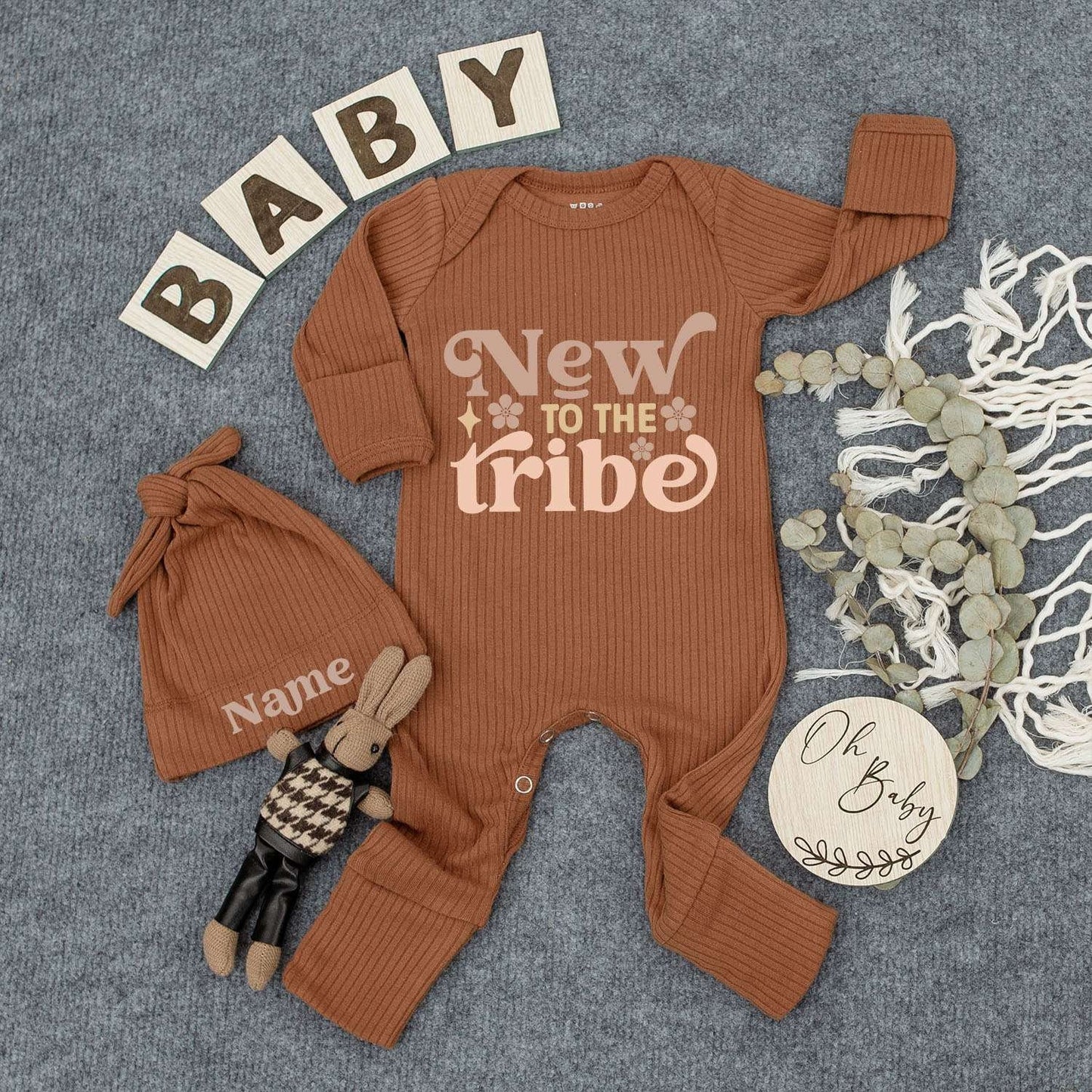 Personalized Newborn 'New to the Tribe' Bodysuit Hat Set Custom Name Baby Gift Cute Floral Retro Whimsical Outfit Brown Peach Two-Toned Infant Sleepsuit