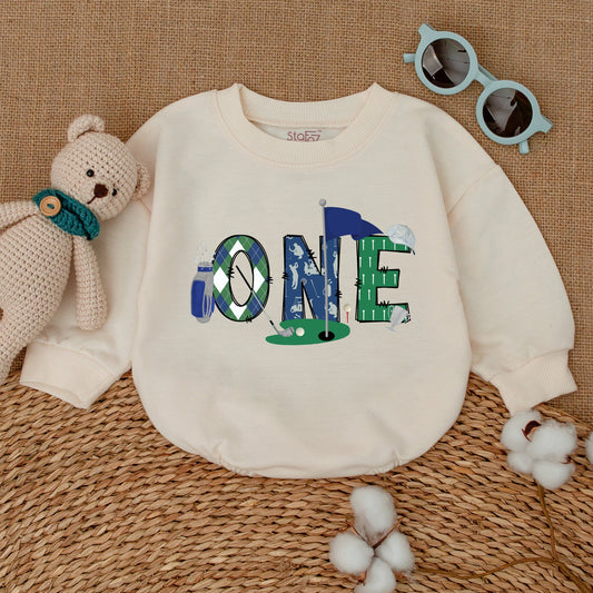 Baby Boy Golf Hole in One First Birthday Romper Outfit Playful ONE Golfing Cake Smash Bubble Bodysuit Blue Green Plaid Newborn Infant Gift