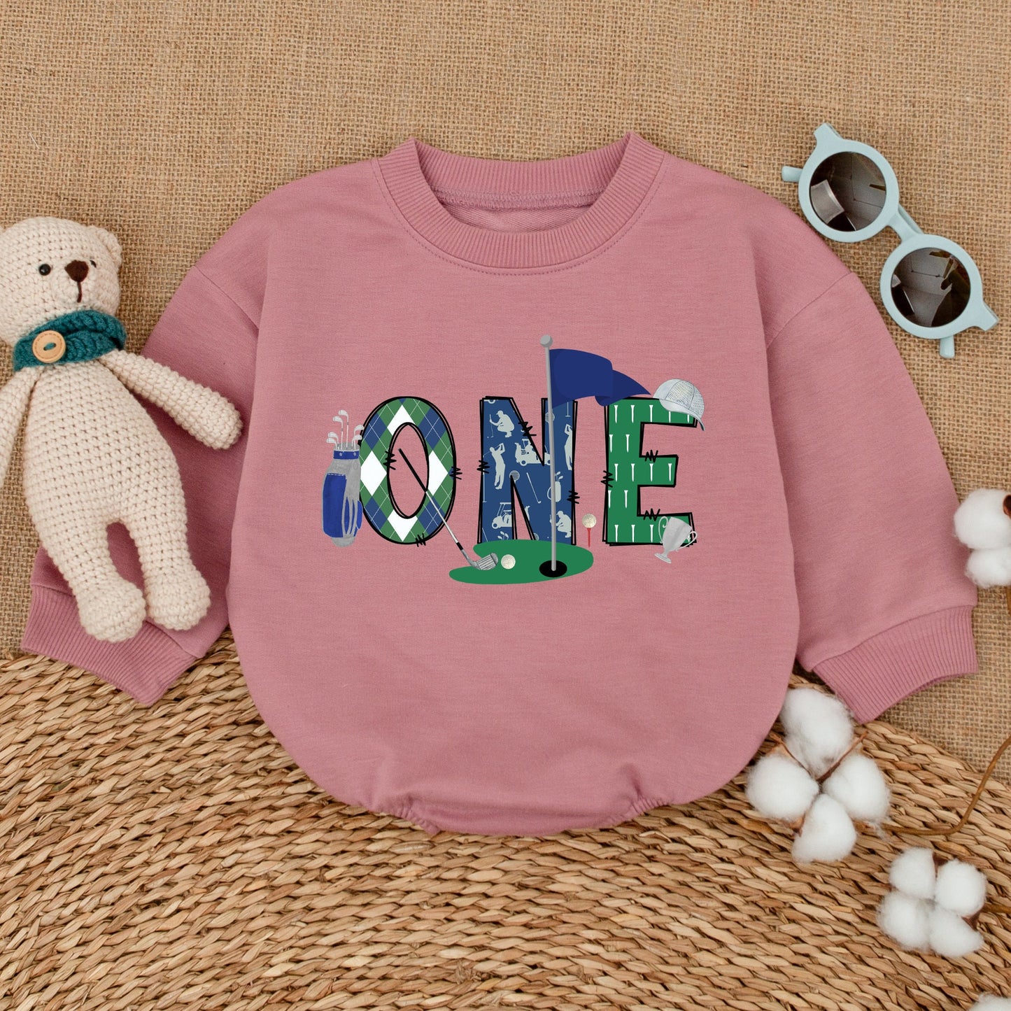 Baby Boy Golf Hole in One First Birthday Romper Outfit Playful ONE Golfing Cake Smash Bubble Bodysuit Blue Green Plaid Newborn Infant Gift