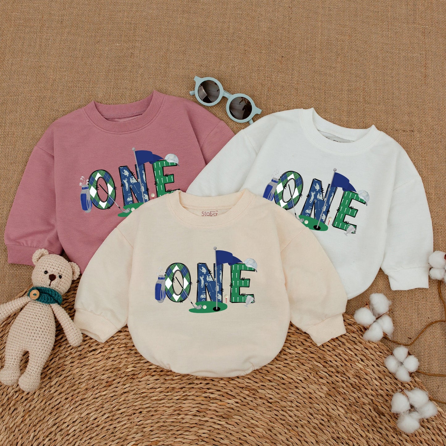 Baby Boy Golf Hole in One First Birthday Romper Outfit Playful ONE Golfing Cake Smash Bubble Bodysuit Blue Green Plaid Newborn Infant Gift