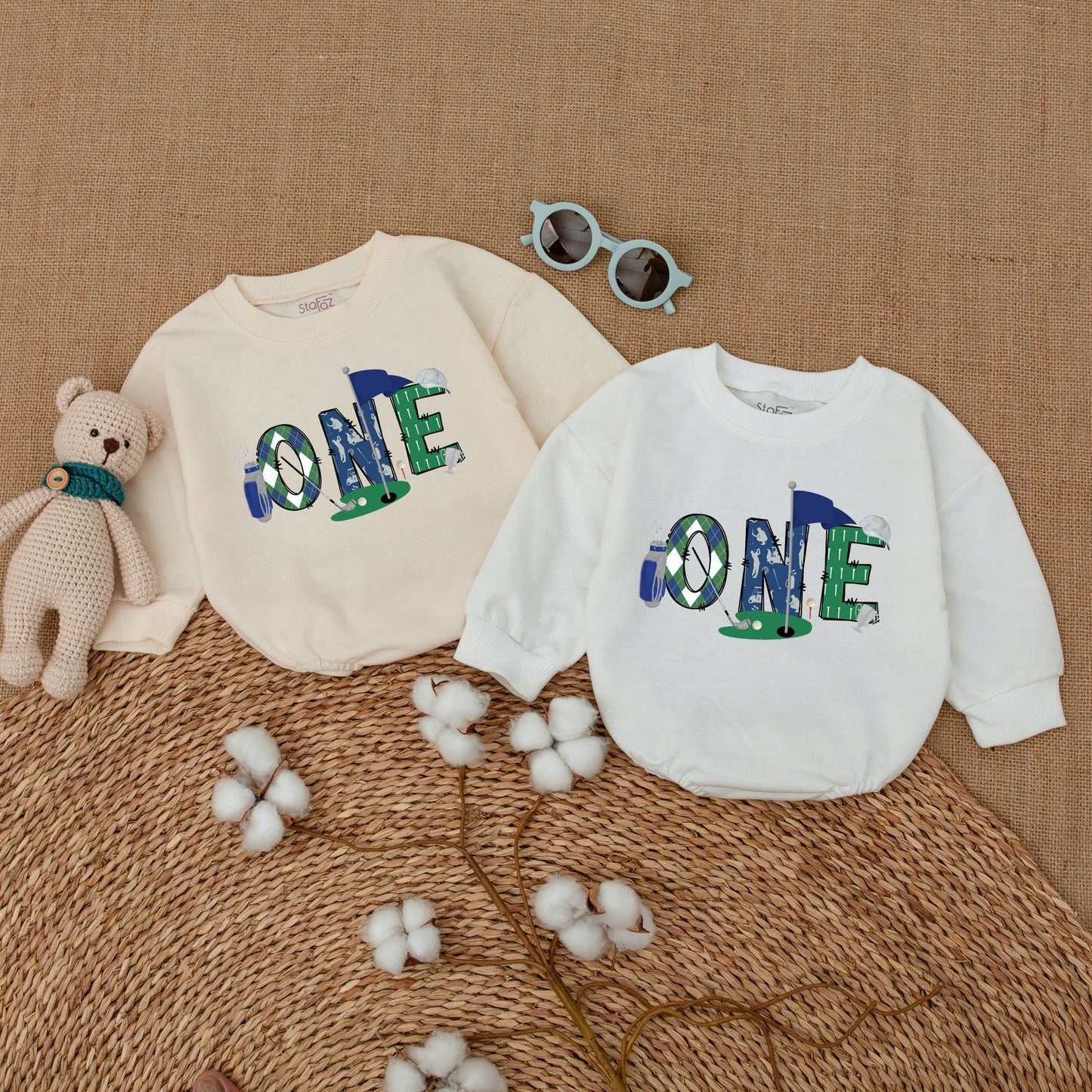 Baby Boy Golf Hole in One First Birthday Romper Outfit Playful ONE Golfing Cake Smash Bubble Bodysuit Blue Green Plaid Newborn Infant Gift