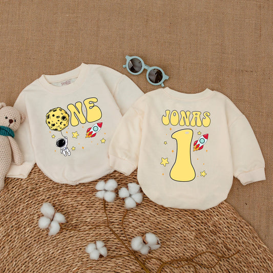 Personalized Space Astronaut 1st Birthday Bubble Romper Whimsical Rocket Stars Yellow Red Black Baby Bodysuit Outfit