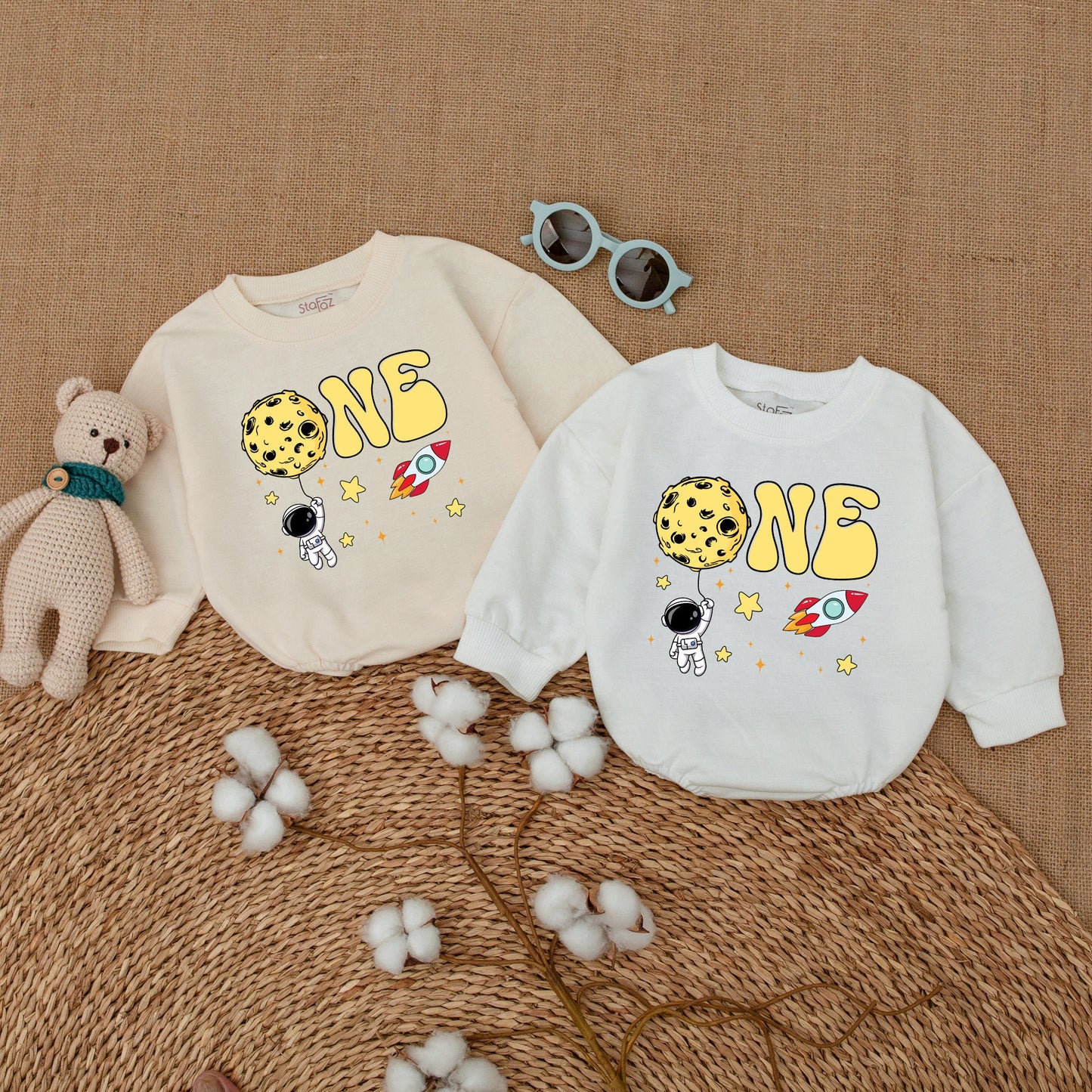 Personalized Space Astronaut 1st Birthday Bubble Romper Whimsical Rocket Stars Yellow Red Black Baby Bodysuit Outfit