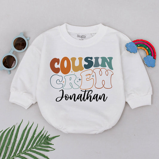 Personalized Cousin Crew Romper Retro 70s Style Infant Bodysuit Custom Name Bubbly Font Brown Orange Teal Starburst Family Reunion Gift