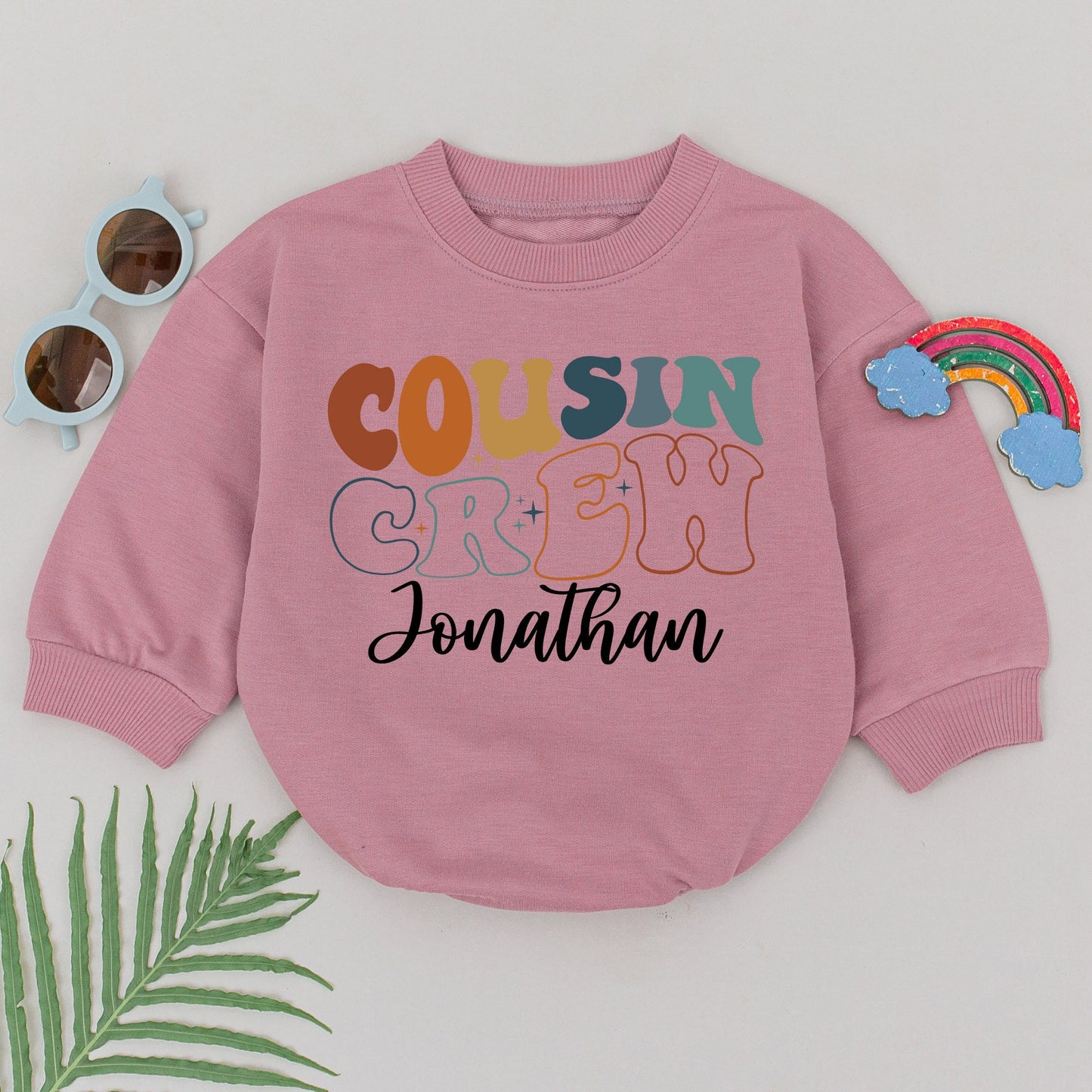 Personalized Cousin Crew Romper Retro 70s Style Infant Bodysuit Custom Name Bubbly Font Brown Orange Teal Starburst Family Reunion Gift