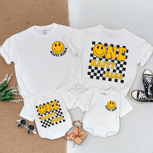 One Happy Dude 1st Birthday Matching Family Shirts Yellow Smiley Face Retro Checkerboard Mom Dad Baby Toddler Celebration Outfit