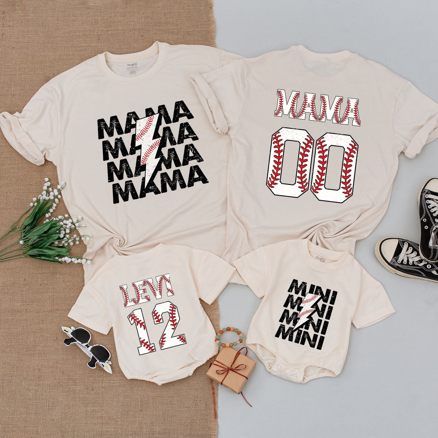 Personalized Baseball Family Matching Shirts for Mom, Mama, Mini, and Rookie featuring stitched baseball graphics, perfect for game day.