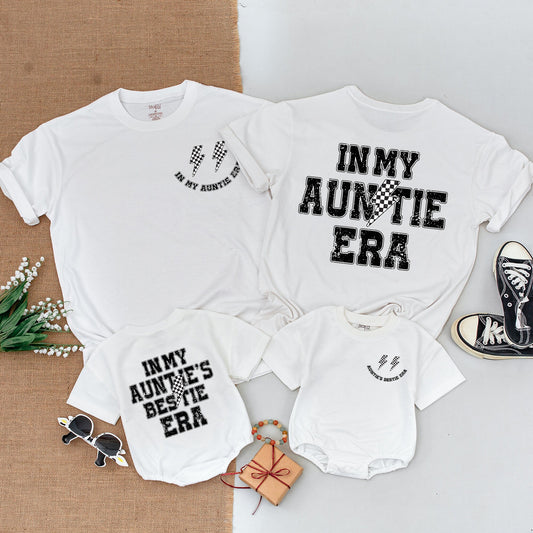 Cool Auntie Era Matching Outfit Auntie's Bestie Set Black White Distressed Design Trendy Lightning Bolt Newborn Girl Romper Baby Shower Gift