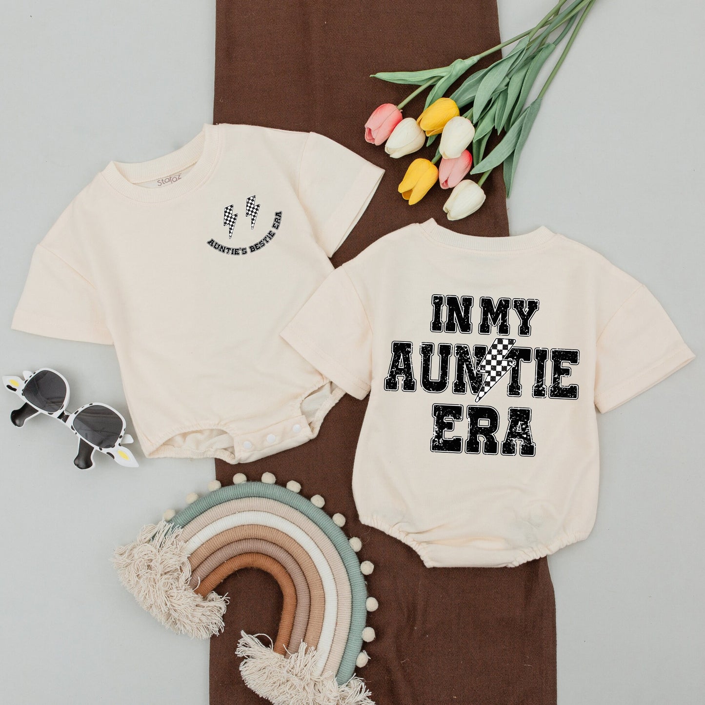 Cool Auntie Era Matching Outfit Auntie's Bestie Set Black White Distressed Design Trendy Lightning Bolt Newborn Girl Romper Baby Shower Gift
