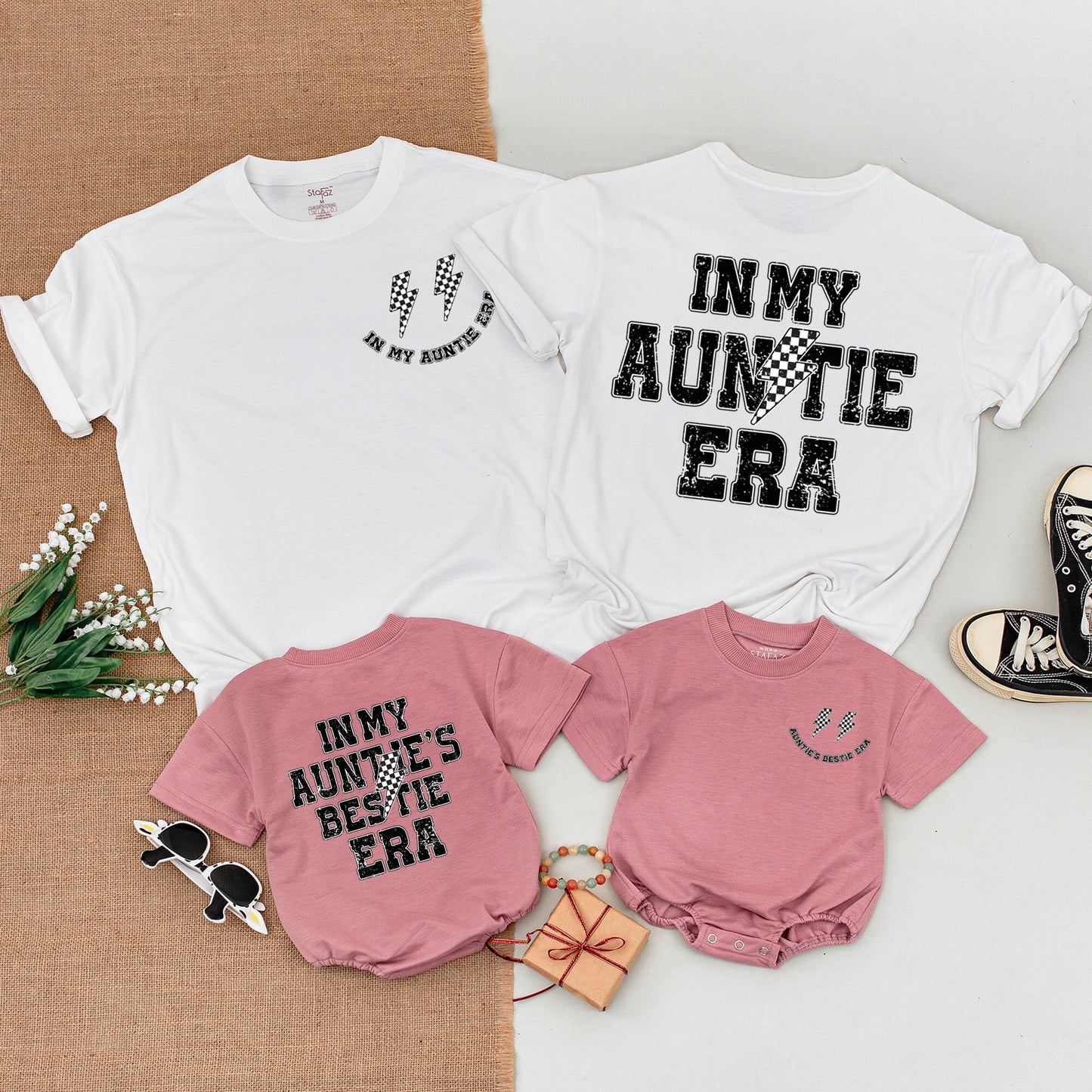 Cool Auntie Era Matching Outfit Auntie's Bestie Set Black White Distressed Design Trendy Lightning Bolt Newborn Girl Romper Baby Shower Gift