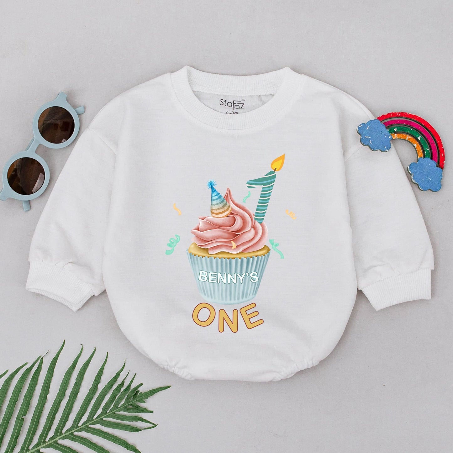 First Birthday Cupcake Bubble Romper Baby Bodysuit Outfit for Sweet Boy Girl 1st Birthday Party Celebration Baby Shower Gift Comfortable Soft Infant Clothing