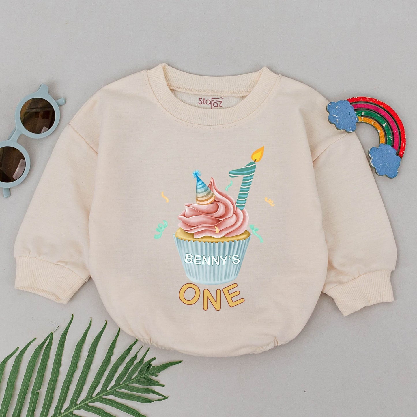 First Birthday Cupcake Bubble Romper Baby Bodysuit Outfit for Sweet Boy Girl 1st Birthday Party Celebration Baby Shower Gift Comfortable Soft Infant Clothing